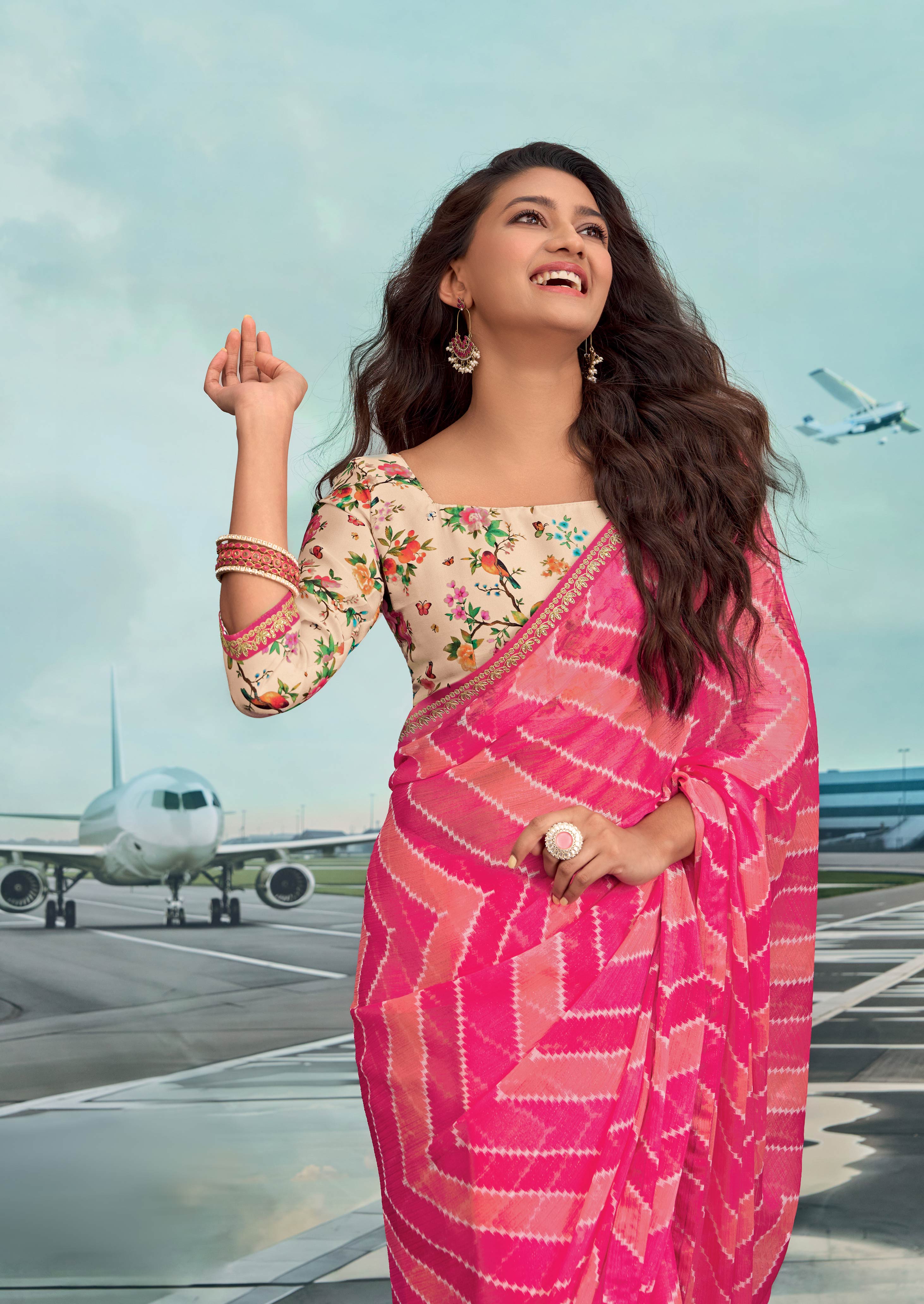 Laxmipati Raadhika Pink Striped Ikat Print Chiffon Saree