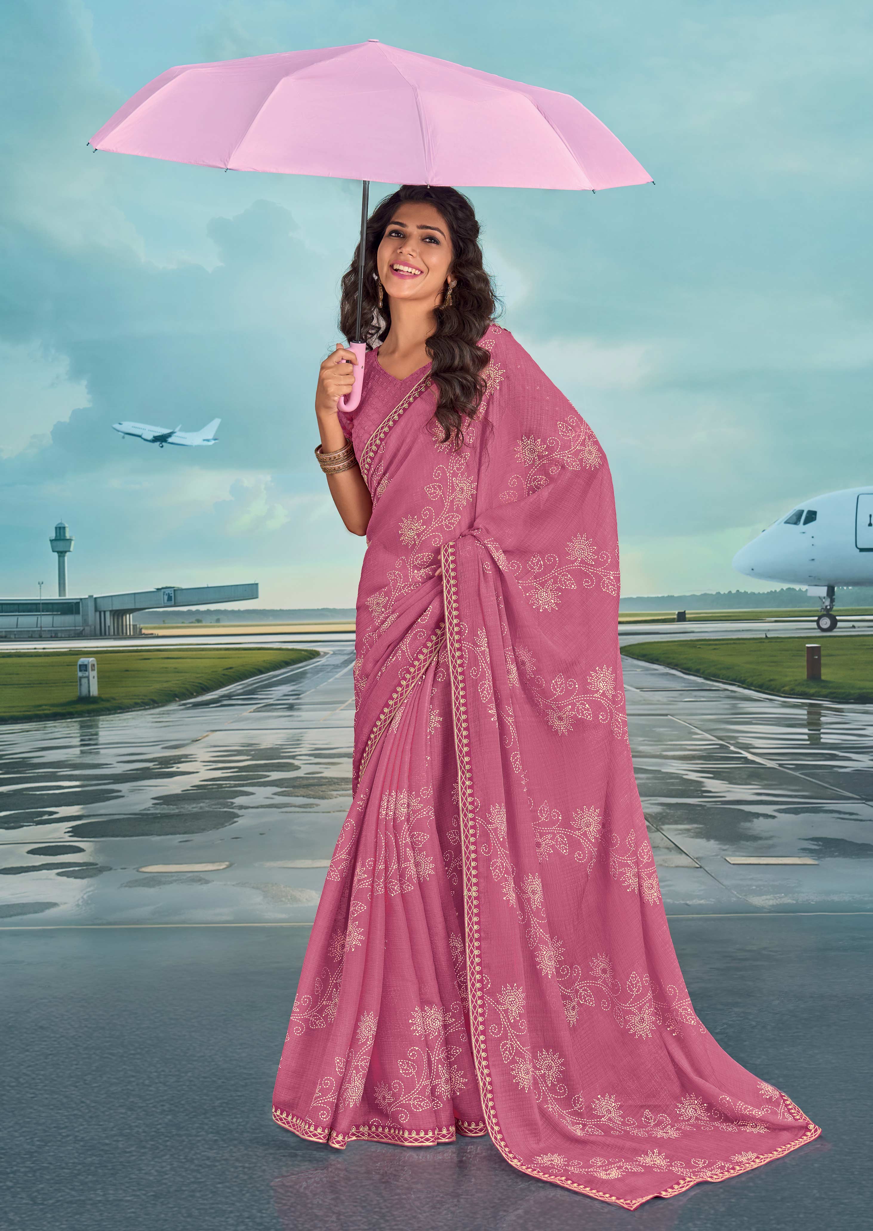 Laxmipati Raadhika Purple Floral Print Chiffon Saree