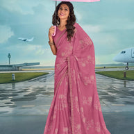 Laxmipati Raadhika Purple Floral Print Chiffon Saree