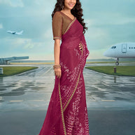 Laxmipati Raadhika Wine Chevron Print Chiffon Saree