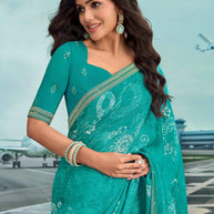 Laxmipati Raadhika Turquoise Blue Floral Print Chiffon Saree