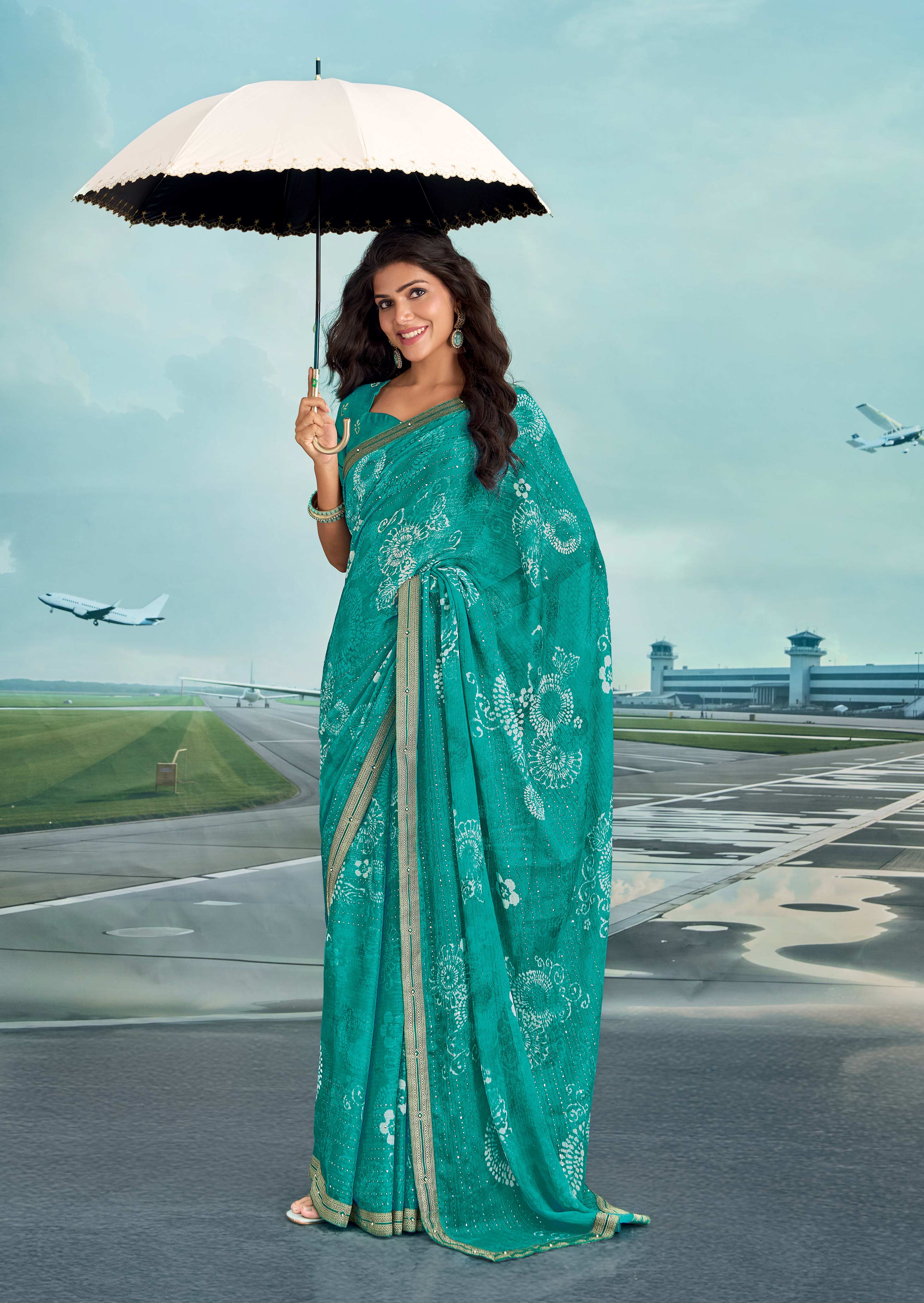 Laxmipati Raadhika Turquoise Blue Floral Print Chiffon Saree