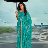 Laxmipati Raadhika Turquoise Blue Floral Print Chiffon Saree