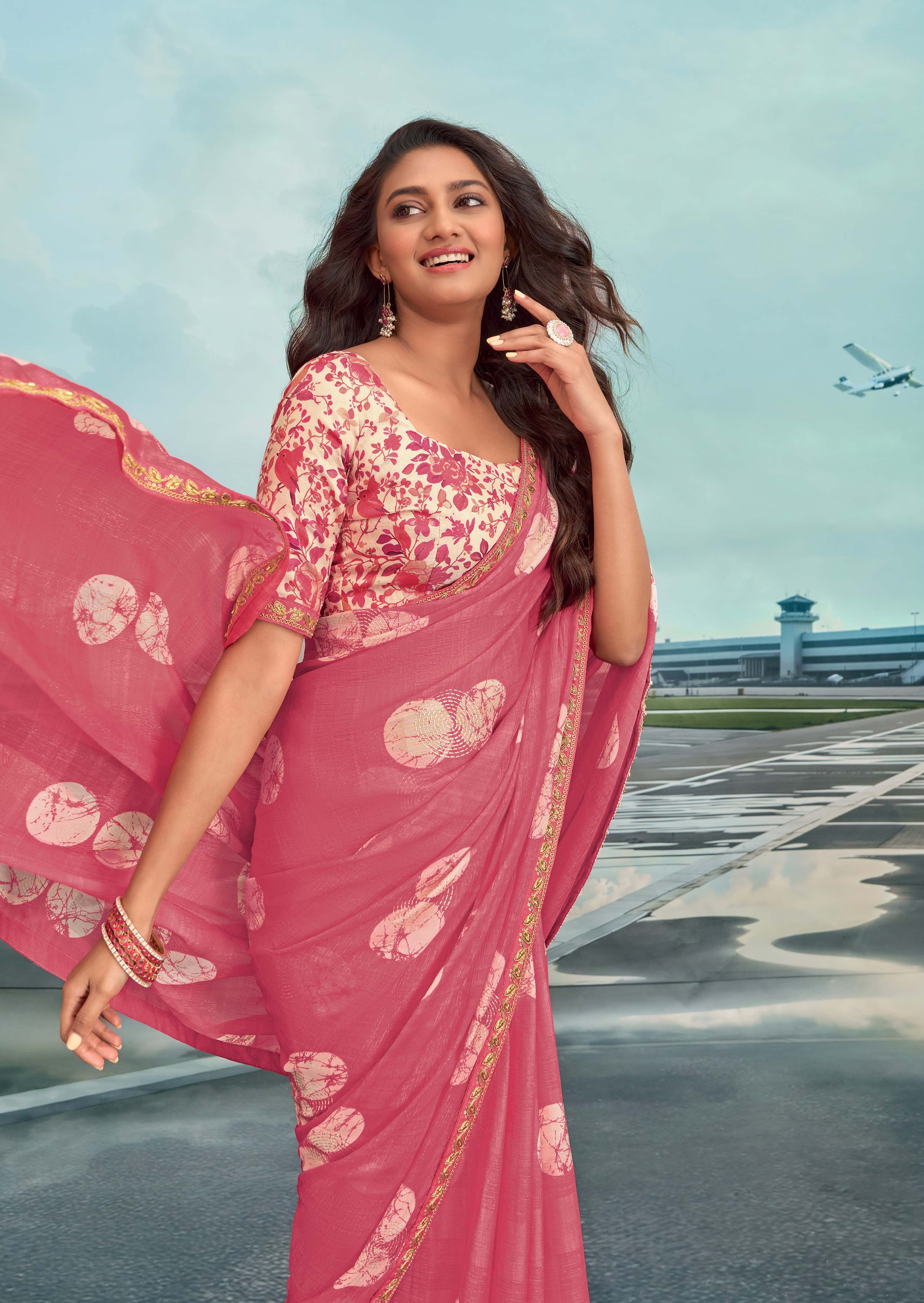Laxmipati Raadhika Pink Abstract Print Chiffon Saree