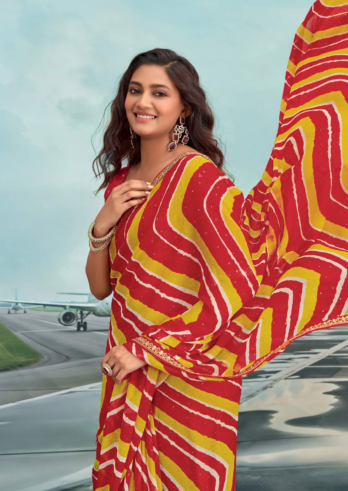 Laxmipati Raadhika Red Diagonal Wavy Striped Print Chiffon Saree