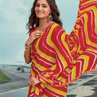 Laxmipati Raadhika Red Diagonal Wavy Striped Print Chiffon Saree
