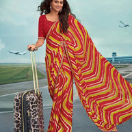 Laxmipati Raadhika Red Diagonal Wavy Striped Print Chiffon Saree