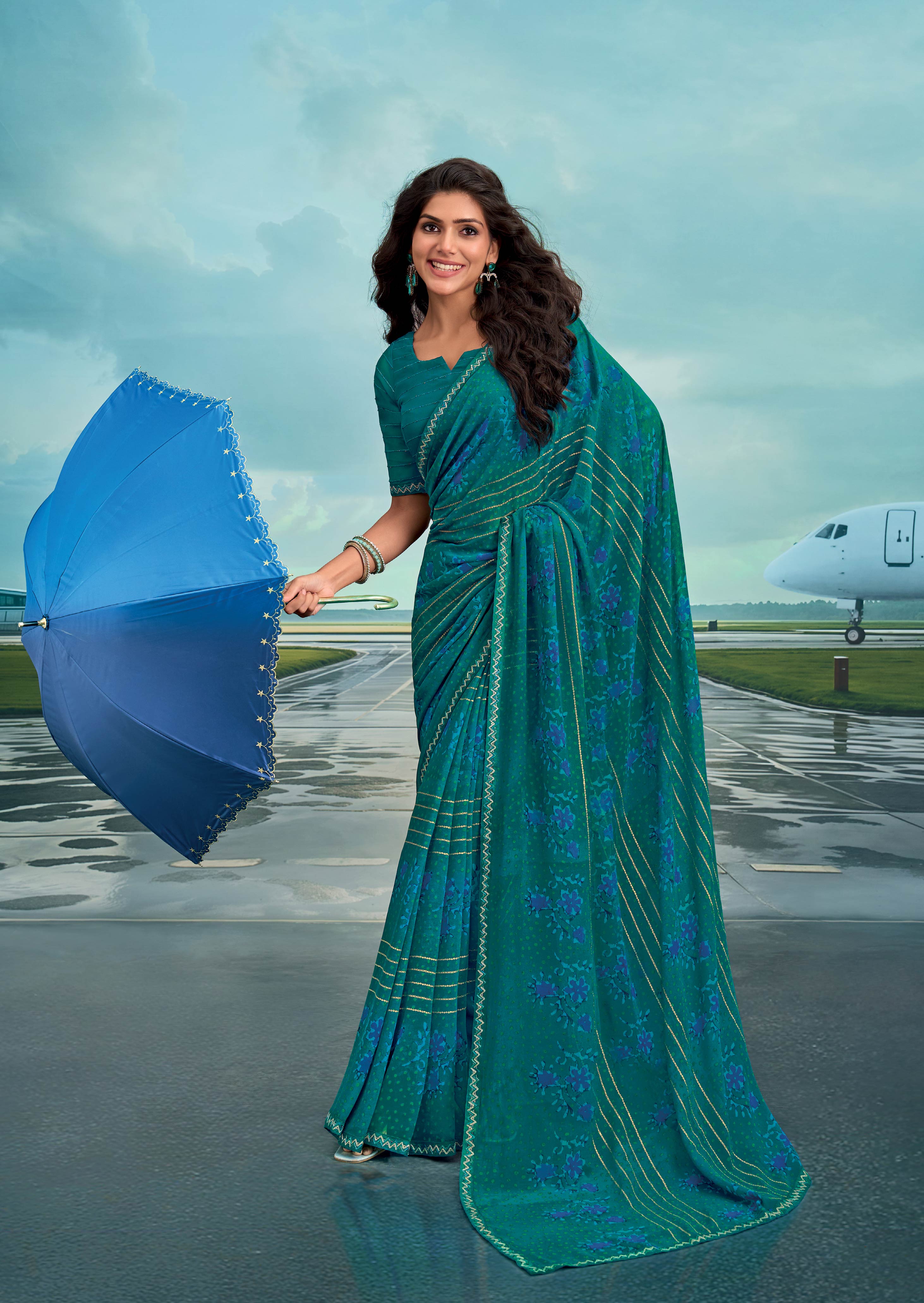 Laxmipati Raadhika Teal Blue Floral Print Georgette Saree