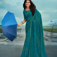 Laxmipati Raadhika Teal Blue Floral Print Georgette Saree