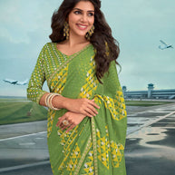 Laxmipati Raadhika Green Geometric Print Chiffon Saree