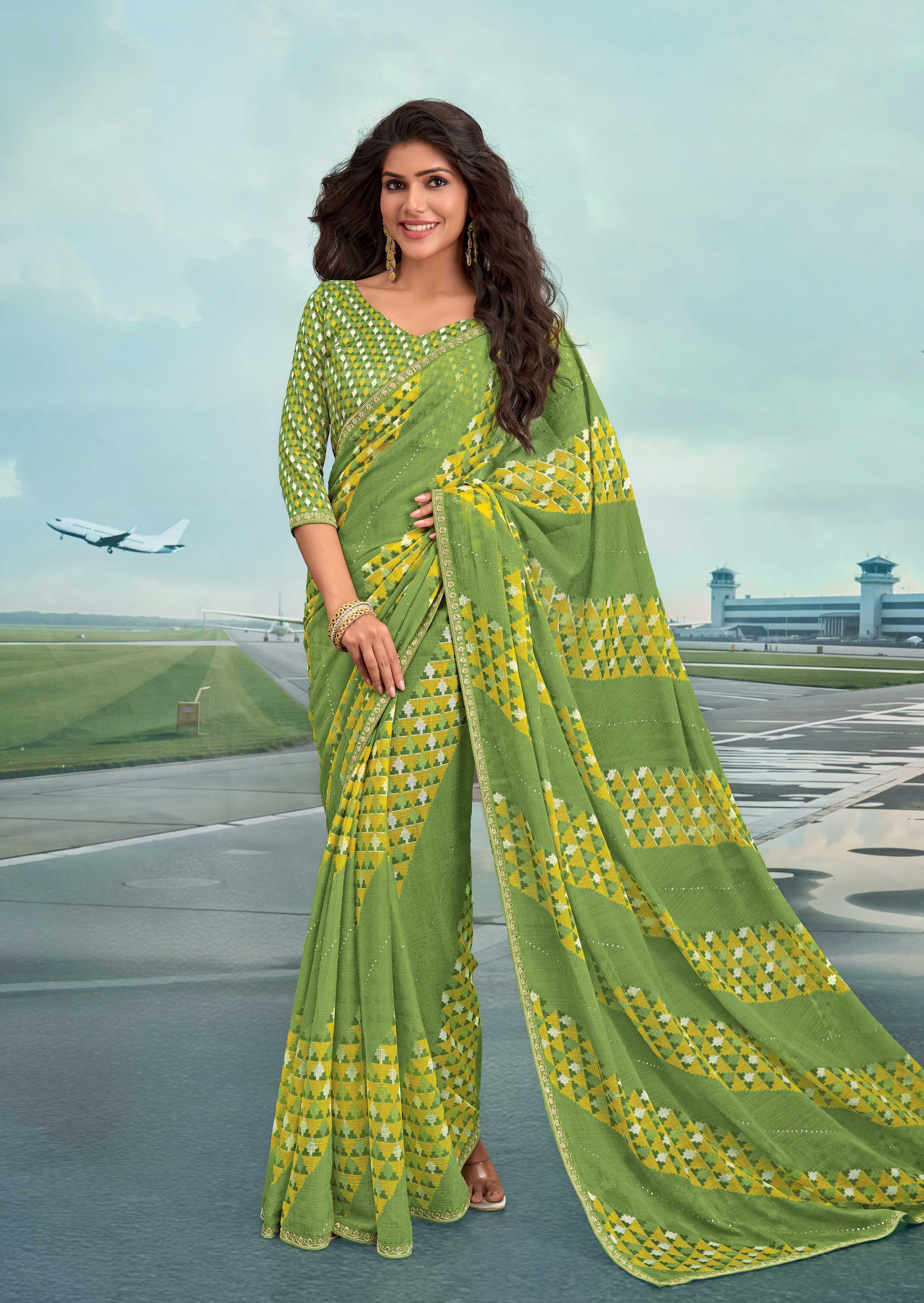Laxmipati Raadhika Green Geometric Print Chiffon Saree