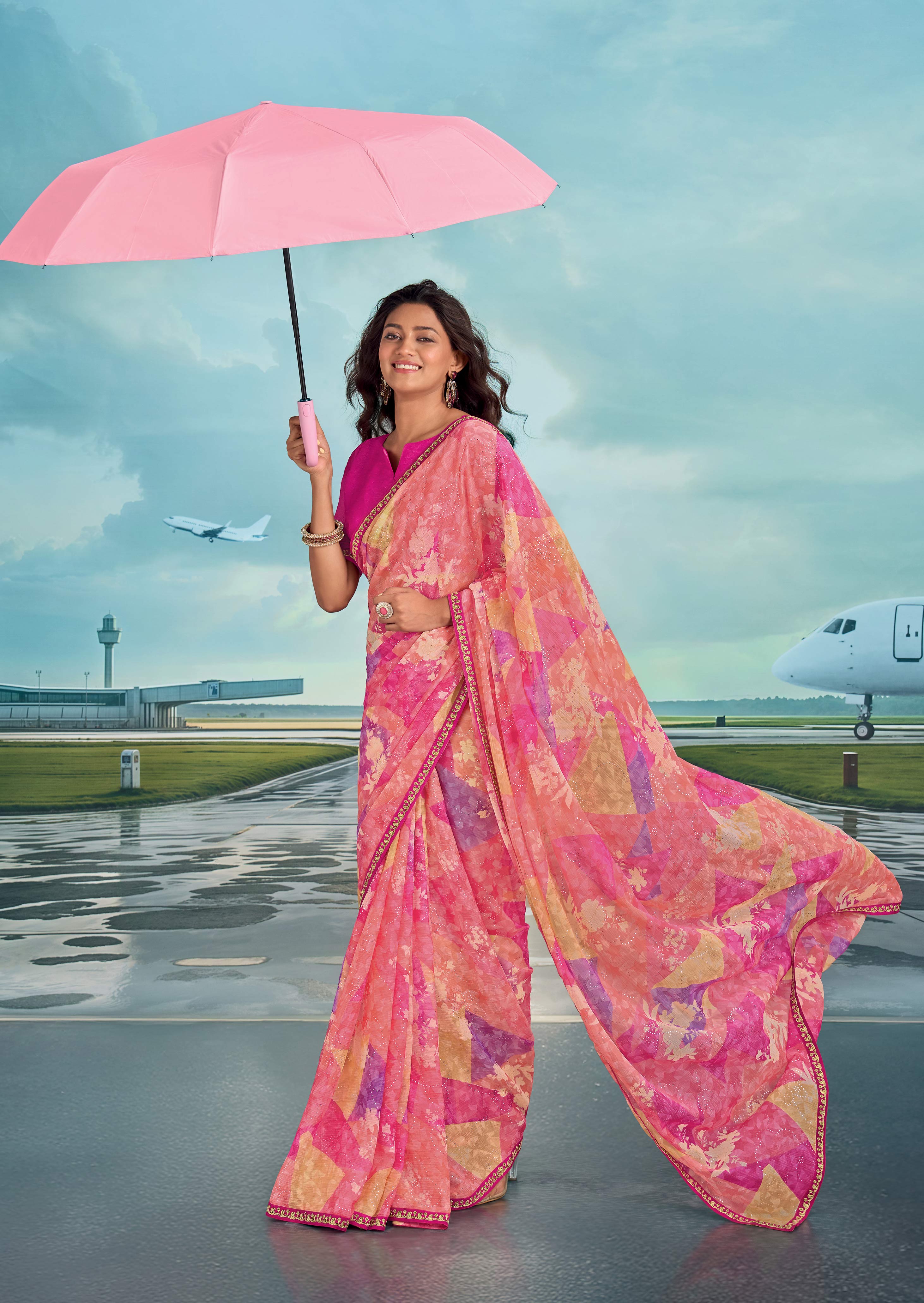 Laxmipati Raadhika Pink Abstract Print Chiffon Saree