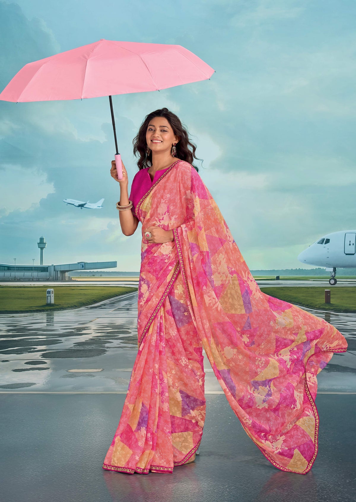 Laxmipati Raadhika Pink Abstract Print Chiffon Saree