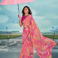 Laxmipati Raadhika Pink Abstract Print Chiffon Saree
