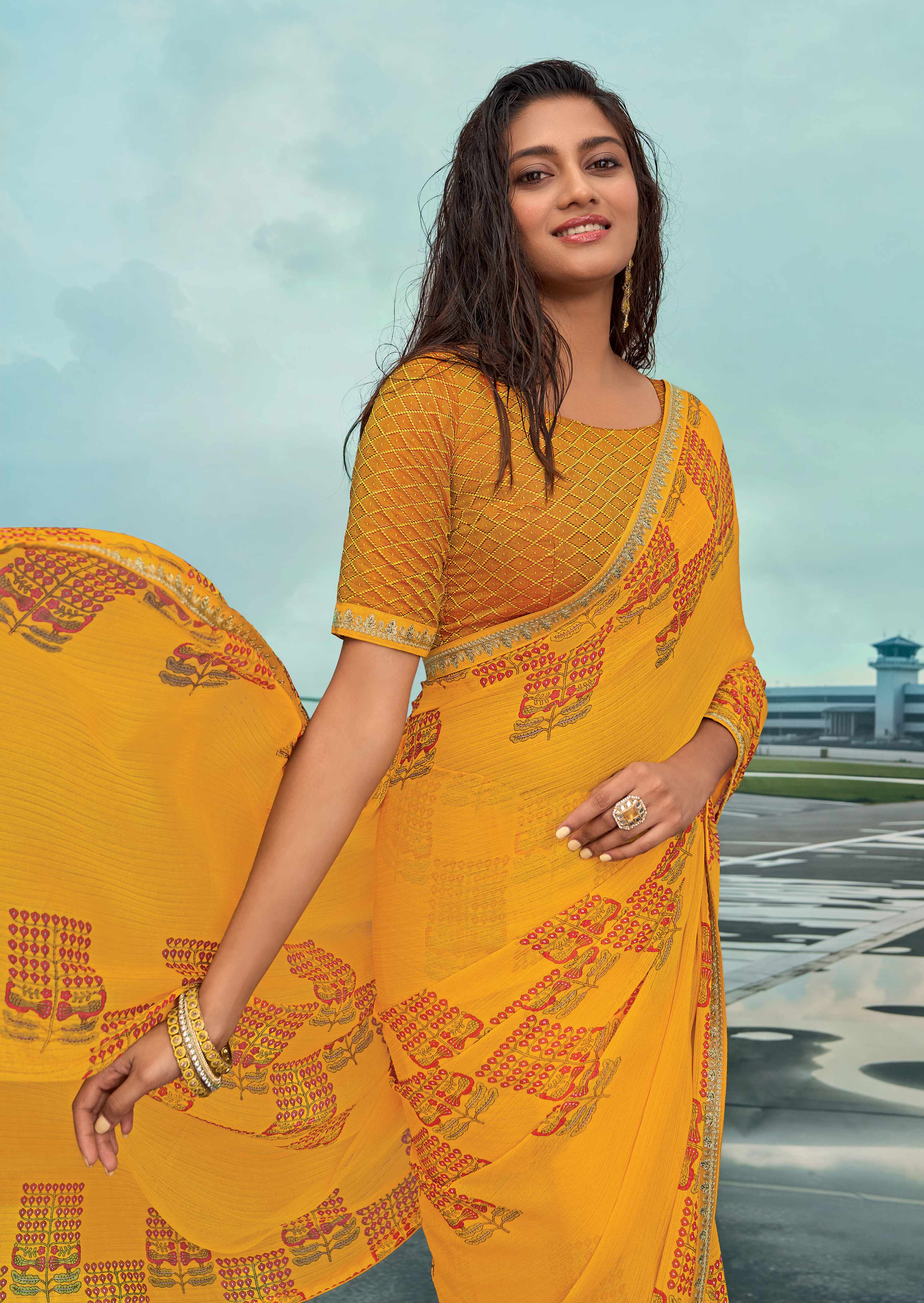 Laxmipati Raadhika Mustard Floral Print Chiffon Saree