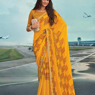 Laxmipati Raadhika Mustard Floral Print Chiffon Saree