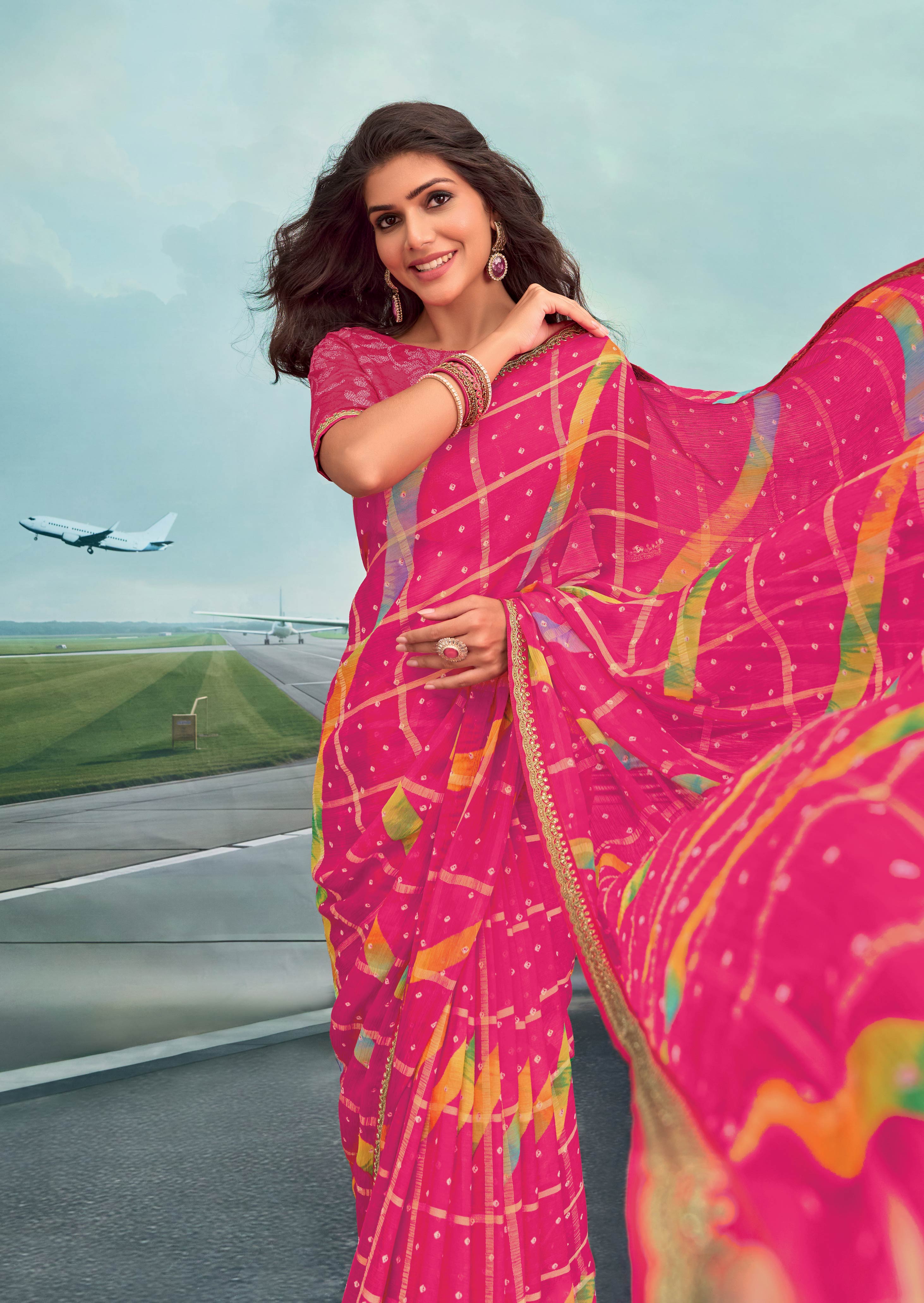 Laxmipati Raadhika Dark Pink Geometric Print Chiffon Saree