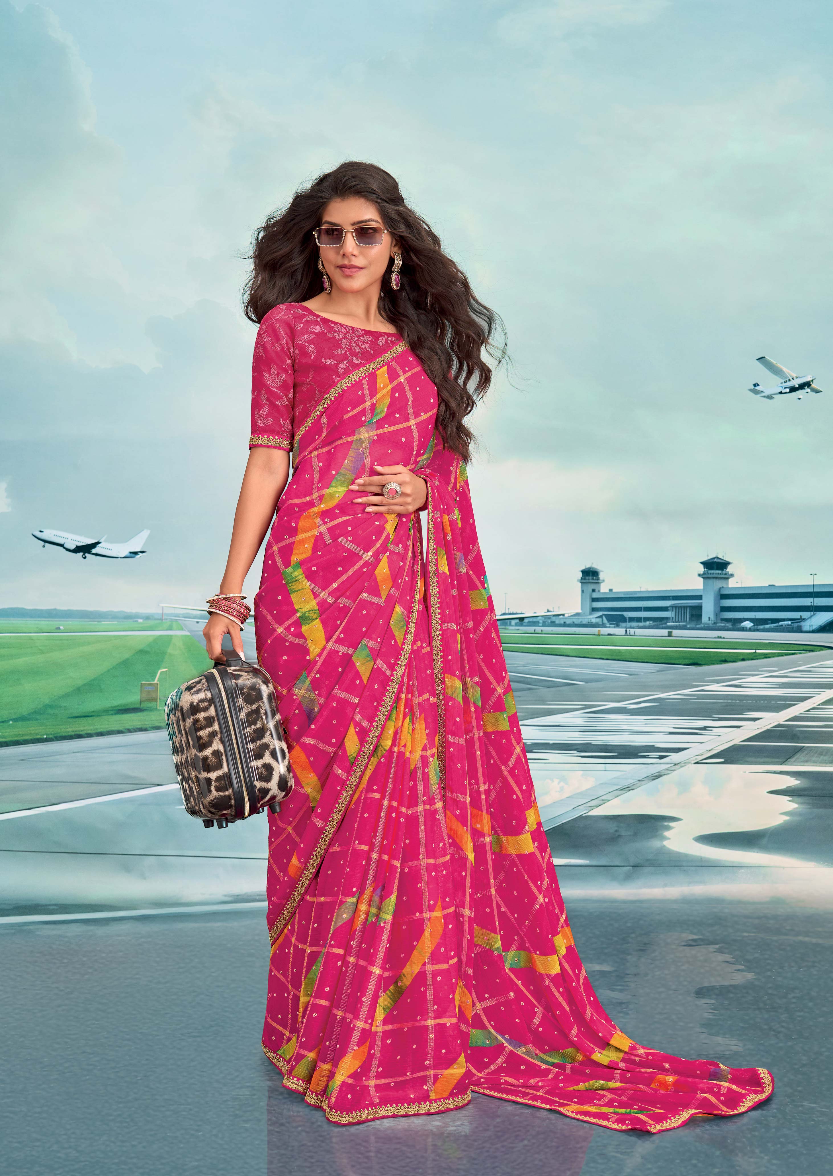 Laxmipati Raadhika Dark Pink Geometric Print Chiffon Saree