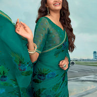 Laxmipati Raadhika Teal Blue Floral Print Chiffon Saree