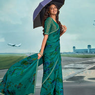 Laxmipati Raadhika Teal Blue Floral Print Chiffon Saree