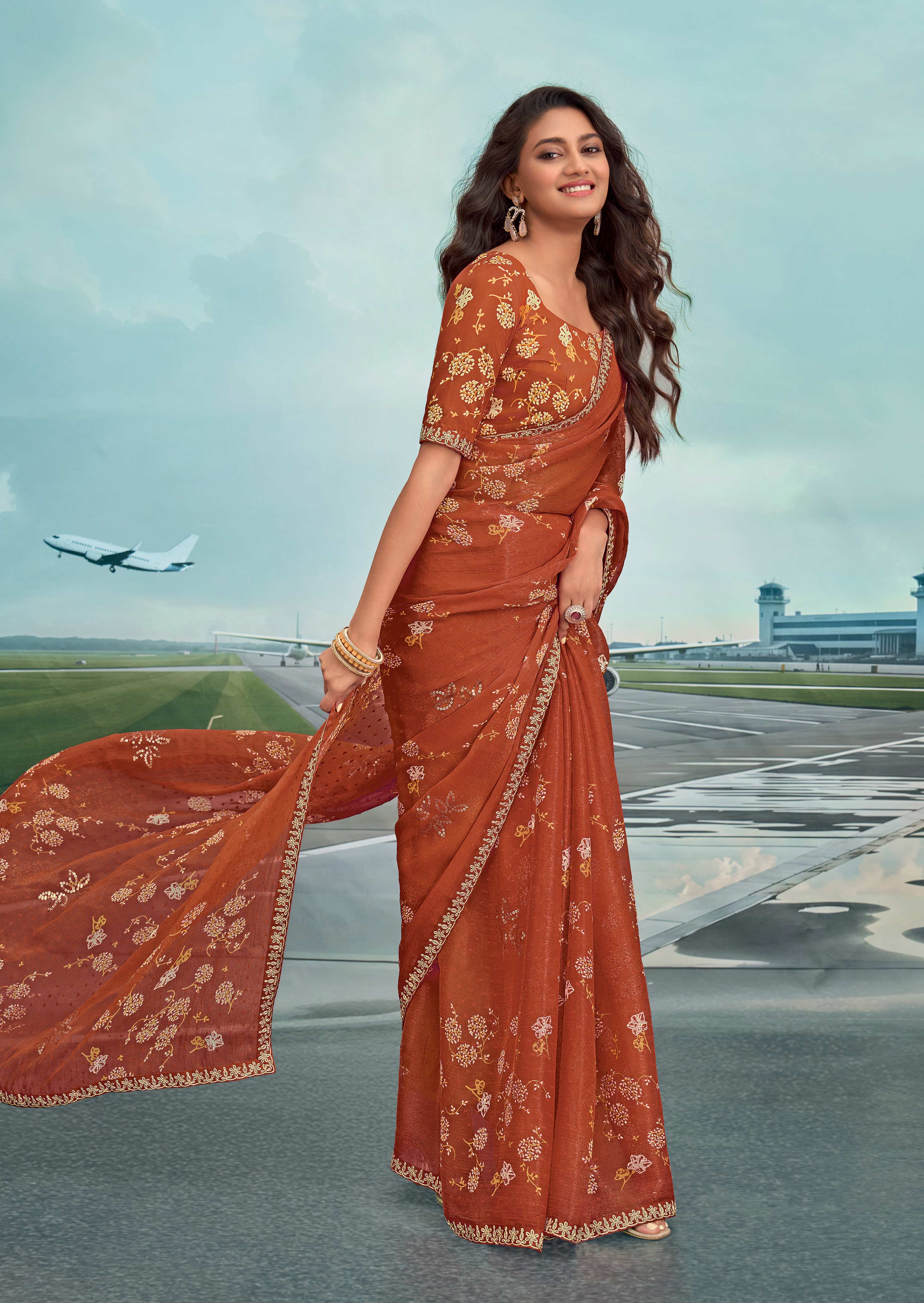 Laxmipati Raadhika Brown Floral Print Chiffon Saree