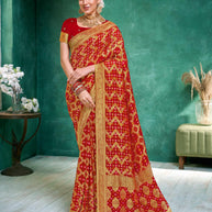 Laxmipati Red Chiffon with Golden Jacquard Weave Saree