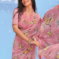 Laxmipati Sadhana Floral Printed Georgette Saree in Pink Color