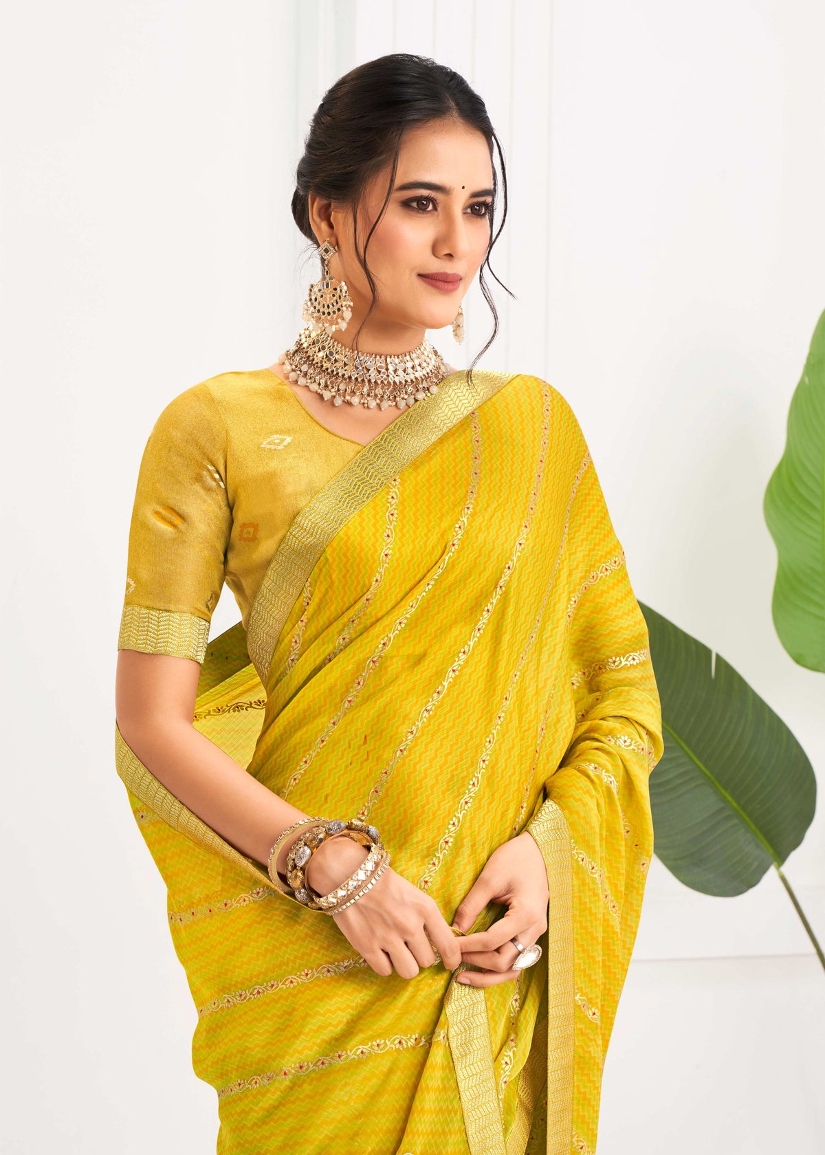 Laxmipati Alia Ochre Yellow Silk with Chevron Foil Work
