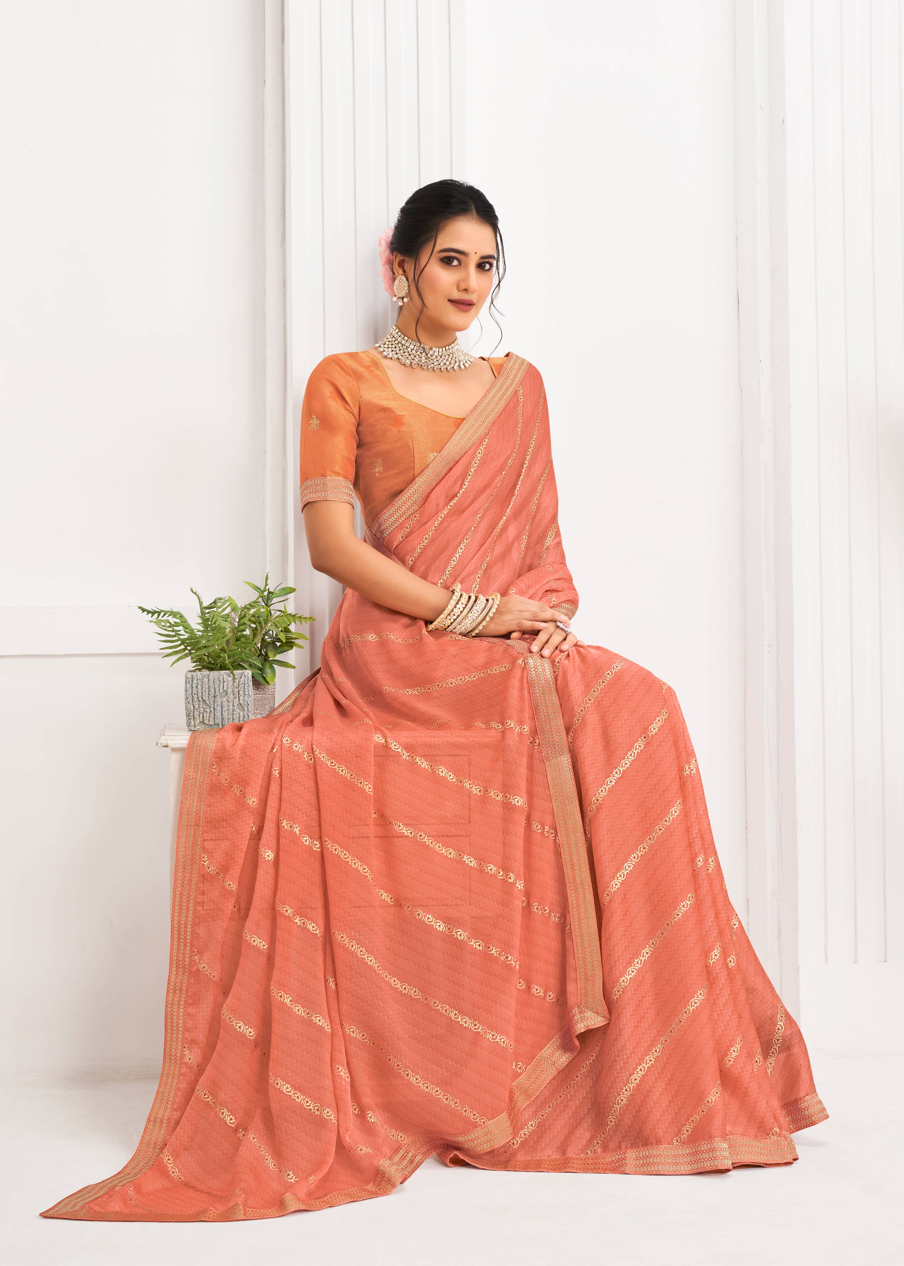 Laxmipati Alia Peach Silk with Chevron Foil Work