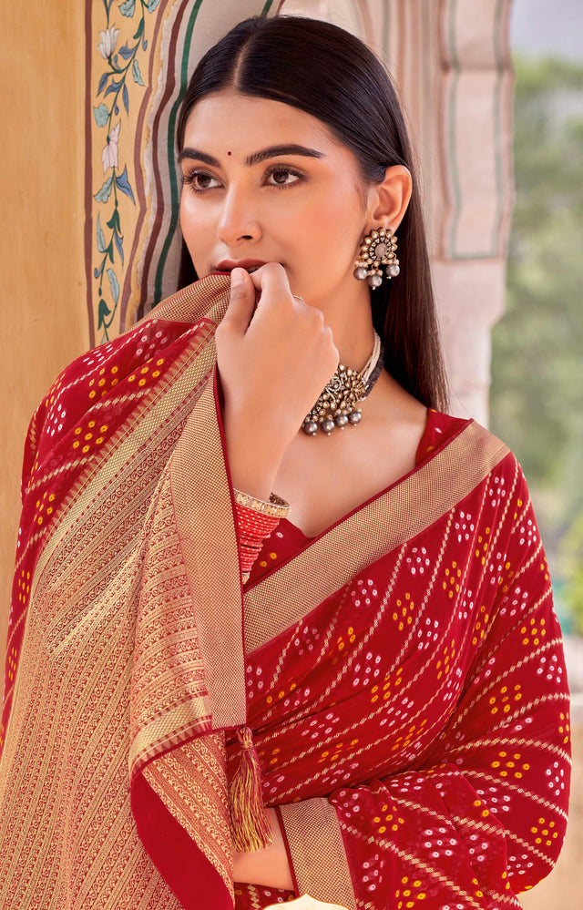 Laxmipati Udan Pari Red Bandhani Printed Georgette Saree