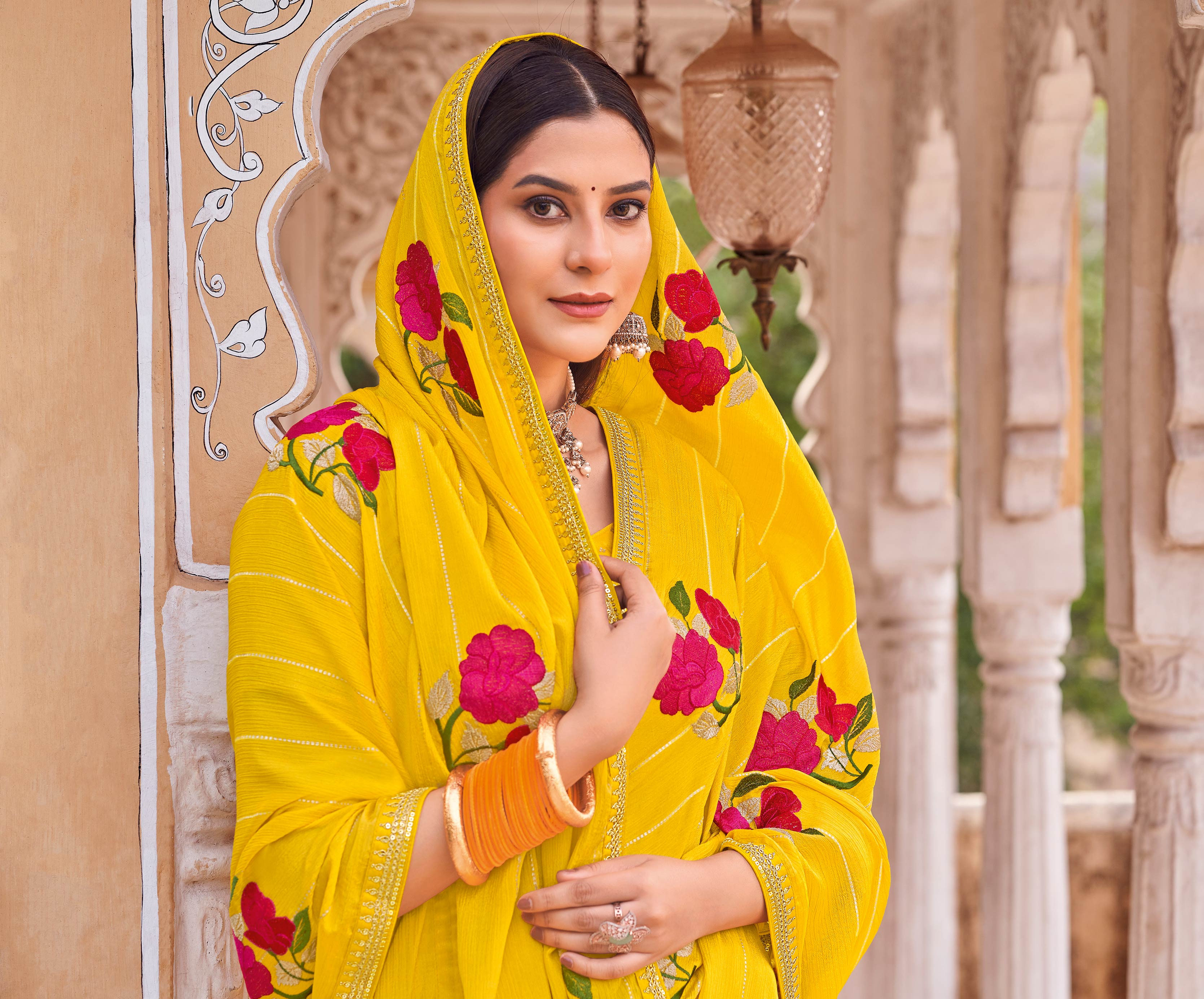 Laxmipati Udan Pari Yellow Floral Embroidered Chiffon Saree