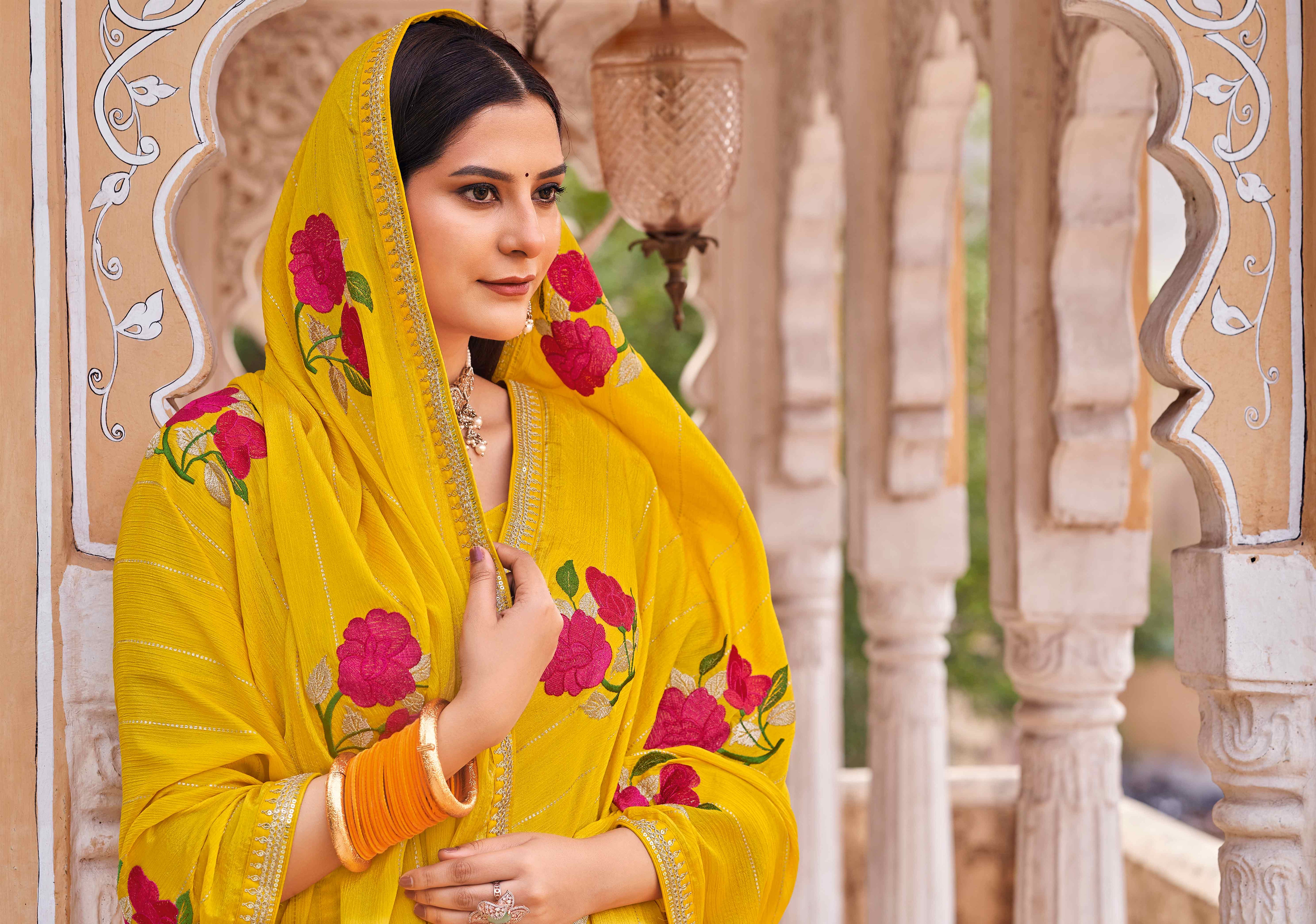 Laxmipati Udan Pari Yellow Floral Embroidered Chiffon Saree