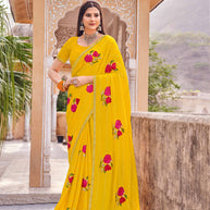 Laxmipati Udan Pari Yellow Floral Embroidered Chiffon Saree