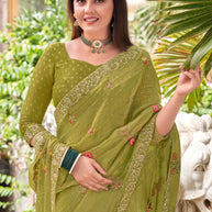 Laxmipati Udan Pari Olive Green Floral Embroidered Silk Saree