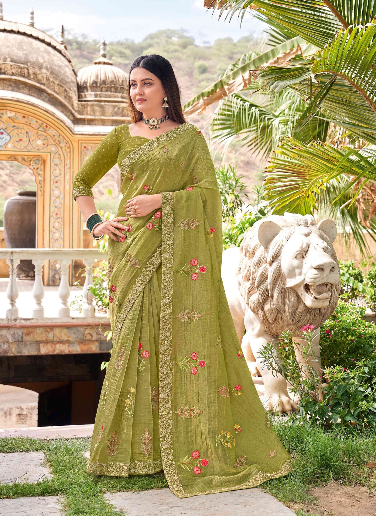 Laxmipati Udan Pari Olive Green Floral Embroidered Silk Saree