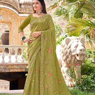 Laxmipati Udan Pari Olive Green Floral Embroidered Silk Saree