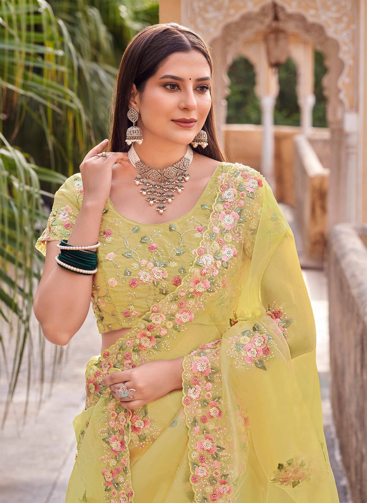 Laxmipati Udan Pari Yellow Floral Embroidered Tissue Organza Saree