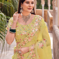 Laxmipati Udan Pari Yellow Floral Embroidered Tissue Organza Saree