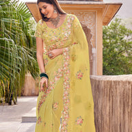 Laxmipati Udan Pari Yellow Floral Embroidered Tissue Organza Saree