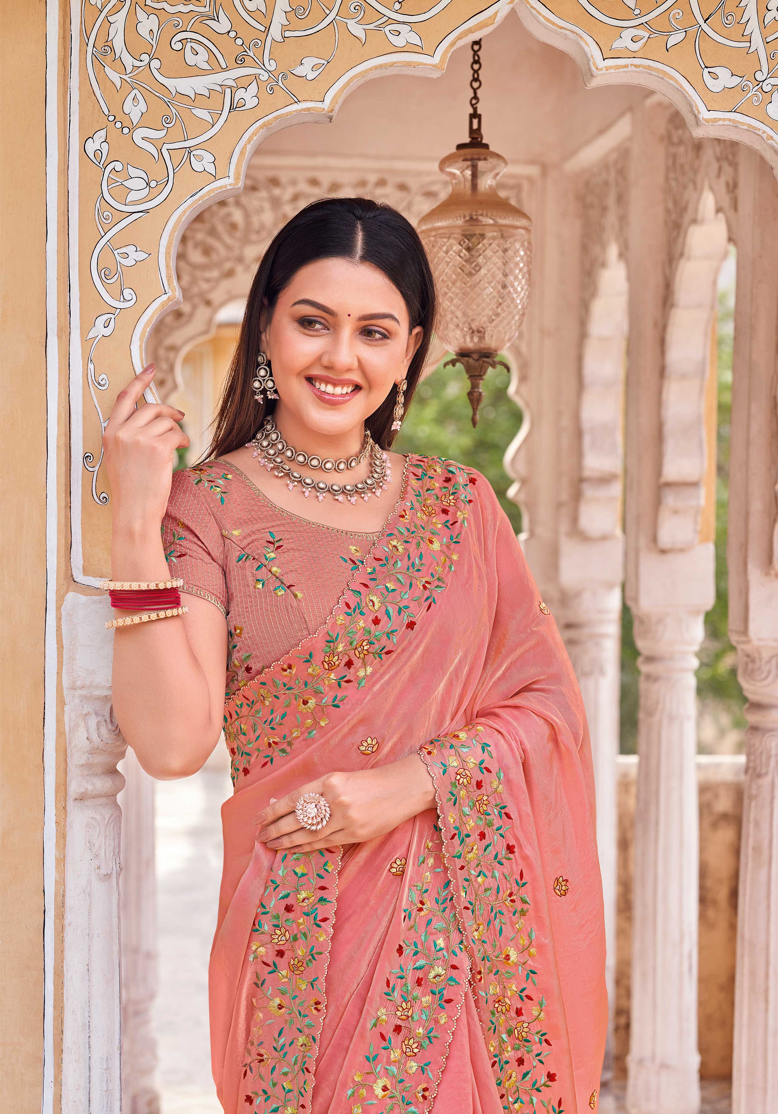 Laxmipati Udan Pari Pink Floral Embroidered Tissue Organza Saree