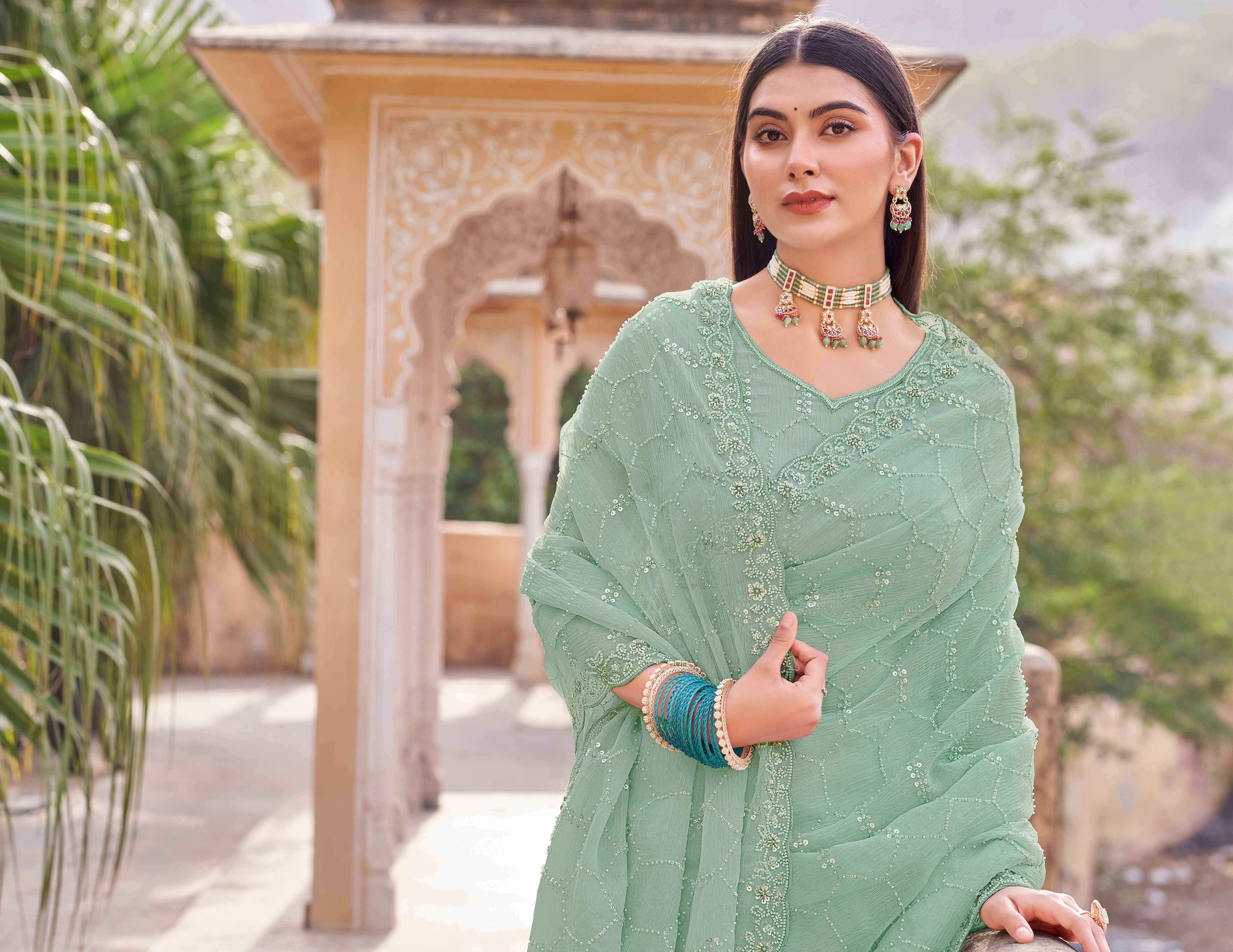 Laxmipati Udan Pari Pastel Green Embroidered Tissue Organza Saree