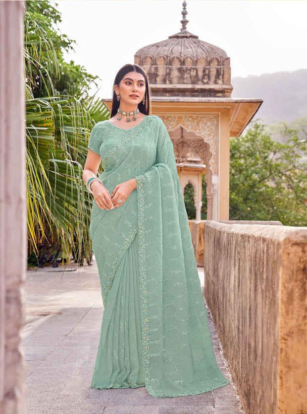 Laxmipati Udan Pari Pastel Green Embroidered Tissue Organza Saree
