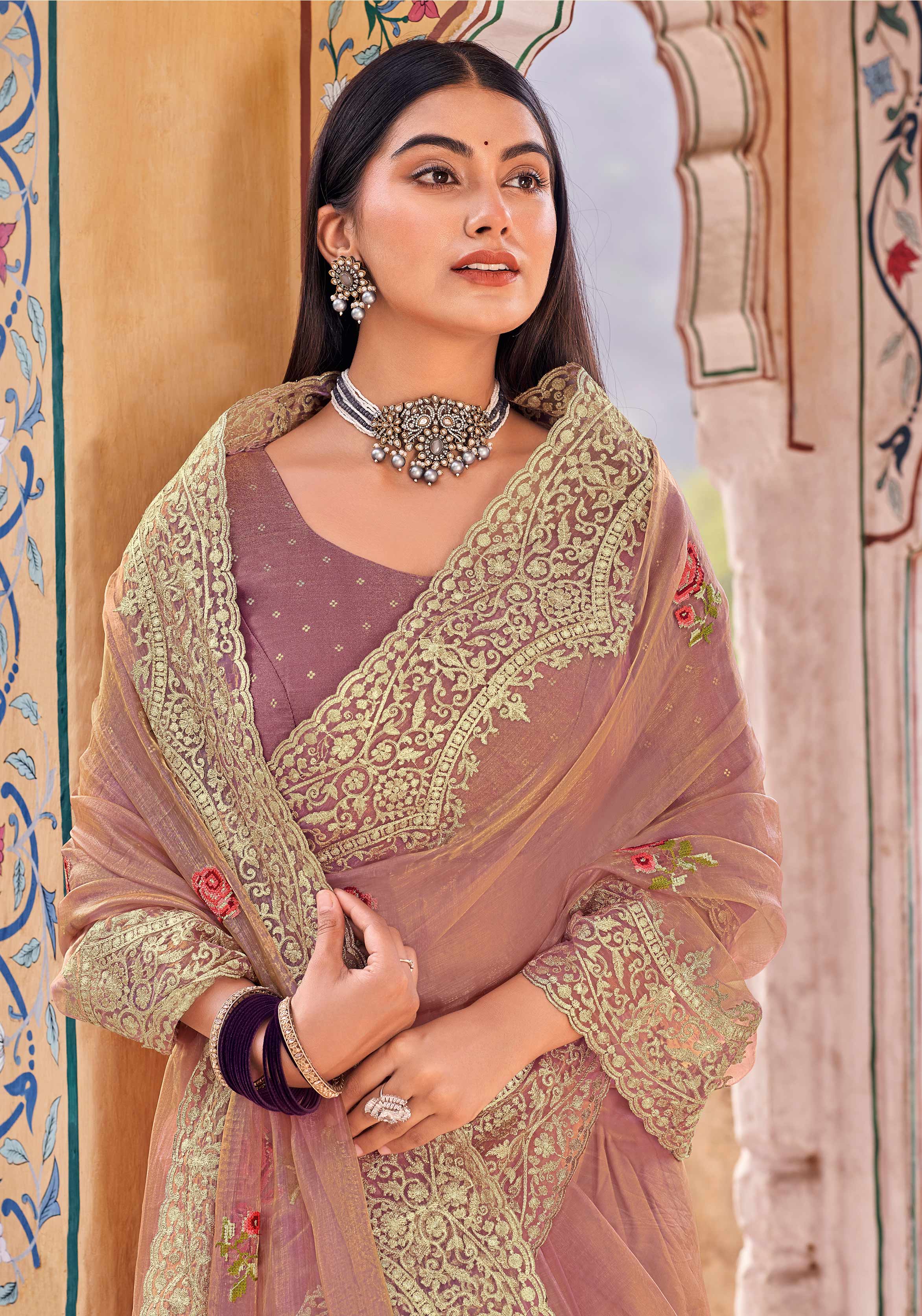 Laxmipati Udan Pari Purple Floral Embroidered Tissue Organza Saree