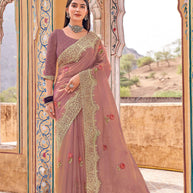 Laxmipati Udan Pari Purple Floral Embroidered Tissue Organza Saree