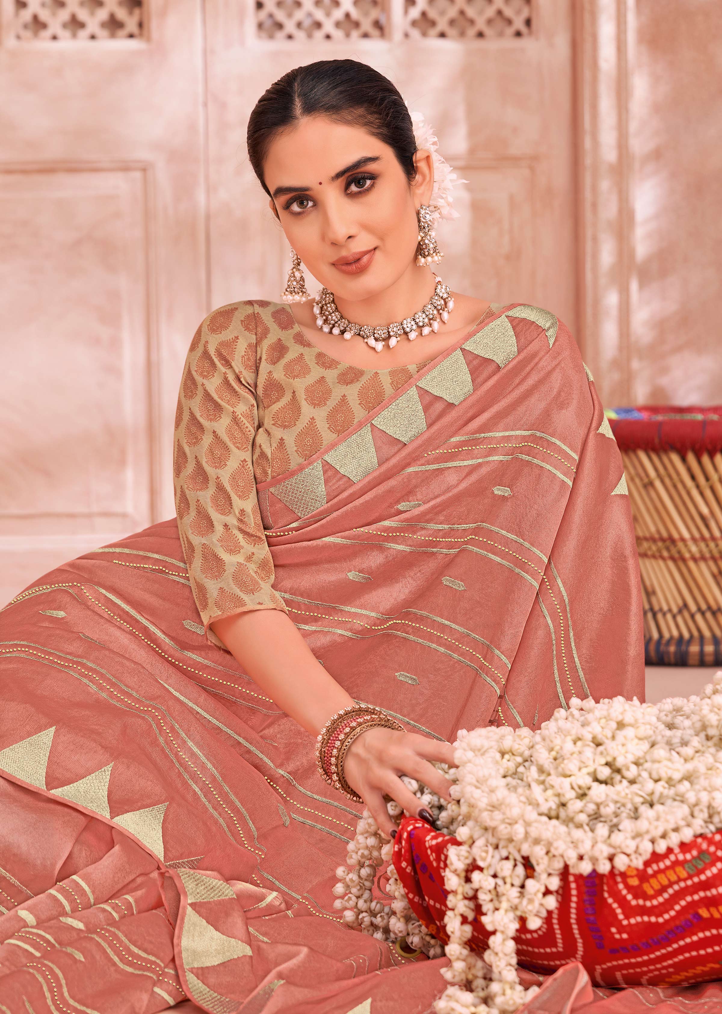 Laxmipati Udan Pari Peach Embroidered Tissue Organza Saree