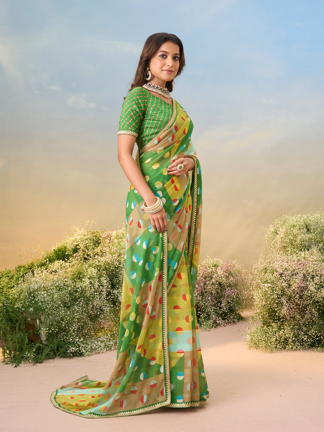 Laxmipati Anaya Green Chiffon Saree with Geometric Prints