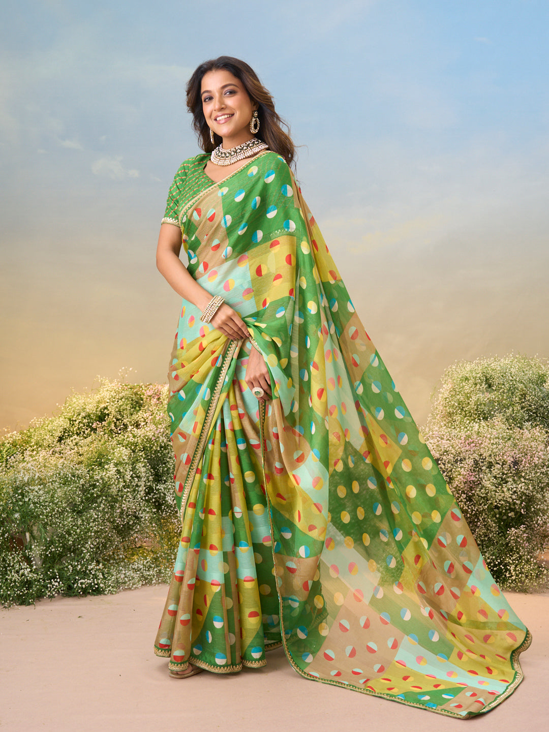 Laxmipati Anaya Green Chiffon Saree with Geometric Prints