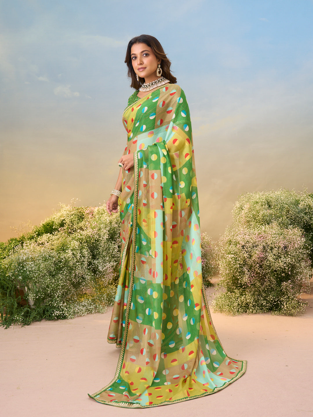 Laxmipati Anaya Green Chiffon Saree with Geometric Prints