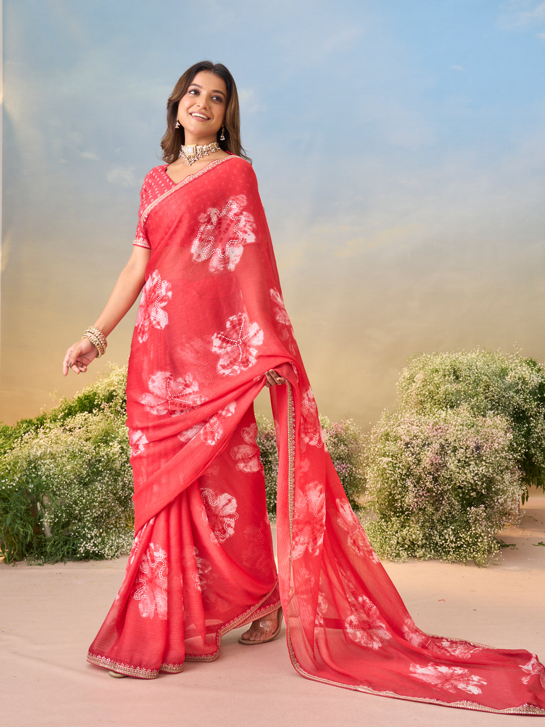 Laxmipati Anaya Red Chiffon Saree with Floral Prints