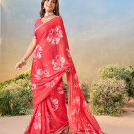 Laxmipati Anaya Red Chiffon Saree with Floral Prints